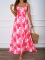Robe longue d'été à fleurs avec encolure carrée et coupe trapèze pour les vacances - S / Rose Rouge Imprimé