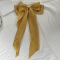 Elegant large mustard yellow satin bow hair clip with long ribbon streamers - Camel