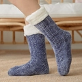 Blue thick knitted winter floor socks featuring soft white plush cuffs for home warmth - One Size / Blue