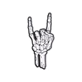 Detailed close-up of a white skeleton hand bone rocker sign metal enamel pin brooch - Rock Skeleton Hand