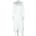 Detail of white slim fit dress with irregular off-shoulder neckline and ruched waist - S / White