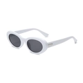 Retro oval white sunglasses for women featuring dark lenses in a 45-degree studio shot - Solid White Frame Grey Lens
