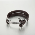 Men's multi-layer dark brown leather bracelet with silver anchor hook clasp - Brown Leather Silver Clasp (KB73808-BD)
