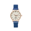Women's business quartz watch with rose gold case, cream dial and blue mesh band - Blue