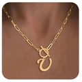 Golden paperclip chain necklace with a T-bar clasp and letter E pendant for women - Letter U