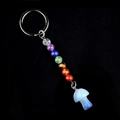 7 Chakra stone beads keychain with light blue mushroom pendant on black background - Opal (Synthetic)