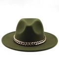 Detailed view of dark army green fedora wool hat featuring a bold gold chain band - Army Green