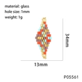 Detail view of 34x13mm handmade glass bead pendant with mosaic pattern and dimensions - P05561