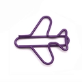 Single purple airplane shaped metal paperclip on a clean white background - Purple