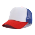 Detail of red, white, and blue trucker hat with reinforced stitching and mesh panels - One Size / Red + White + Blue Mesh