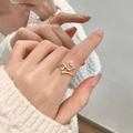 Elegant 925 sterling silver open ring with a gold finish and pink rose flower detail - Gold Rose Enamel (JZ0751)