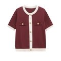 Cárdigan de punto burdeos de manga corta con ribete blanco y botones dorados mujer - S / Rojo Blanco