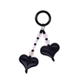 Detailed view of handmade beaded keychain with dual black glossy heart pendants and pink beads - High Gloss Large Black Heart Pendant (YS-A250002A)