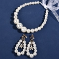 Elegant white pearl jewelry set with beaded necklace, ribbon and floral hoop earrings - Headband and Ear Clips Set