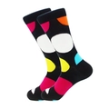 Men's stylish black crew socks featuring large vibrant multi-color polka dot patterns - One Size / Solid Black with Multicolored Dots