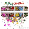 Detail view of 12-grid Christmas nail art glitters featuring colorful snowflake shapes - 12 Grids / Mixed Color Round Sequins Style (12G-968)