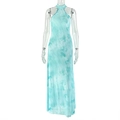 Detail of blue-green tie-dye halter neck maxi dress with elegant slim fit and sheer fabric - S / Lake Blue
