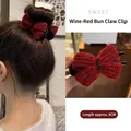 Burgundy knitted bow hair claw clip for women, 8cm sweet hair accessory for buns - Wine Red