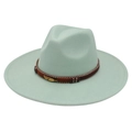 Detail of mint green wool felt fedora with brown braided band and golden feather pendant - Adult (57-60cm) / Mint Green Heart (Gold Feather)