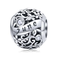 S925 sterling silver June birthstone charm with floral cutout and clear zircon accents - June