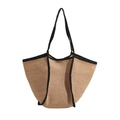 Large capacity beige straw tote bag with black strap accents for summer beach vacation - Black