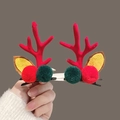 Christmas hair clips with red flocked antlers and colorful pom pom decorations - Red Antler Red Green Pom Pom