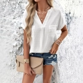 Women's white V-neck short sleeve shirt with textured swiss dots and front pockets - S / White