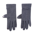 Detail of dark grey knit gloves showing three decorative buttons and touchscreen fingertips - Gray