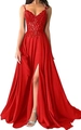 Elegant red lace evening dress with sequin embroidery and high side slit design - L (US 12) / Red