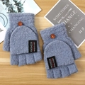 Grey knit convertible flip top mittens with wooden button and fleece lining for men - One Size / Blue