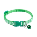Detail view of a green pet collar with white paw prints, plastic buckle, and a bell - Light Green