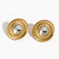 Broche ronde bicolore vintage avec texture spirale dorée et centre en miroir argenté - Boucles d'Oreilles Rondes Bicolores Or et Argent (SD3306)