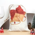 Christmas drawstring gift bag with gold bells and red bow design on linen fabric - Golden Bells & Red Bow