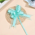 Dettaglio di fiocco in nastro a rete verde menta su tappeto di paglia per regali - Blu Turchese