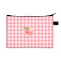 Pink checkered strawberry cosmetic bag with a peach graphic and a black zipper puller - 04-Peach Pink White Plaid