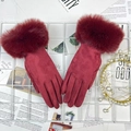Women's burgundy faux suede thermal gloves with plush faux fur trim for winter - One Size / Burgundy