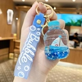 Cute polar bear drifting bottle keychain with blue liquid and sailboat charm - Sapphire Blue Sailboat - Beverage Bottle