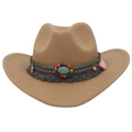 Detail of camel wool felt cowboy hat with ethnic beaded band and grey tassel trim - M (56-58cm) / Camel