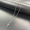 Minimalist double layer stainless steel cross necklace with small beads in silver finish - Single Chain Steel Color