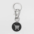 Close-up of stainless steel shopping trolley token keychain with black circular pendant - Black