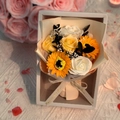 Mini soap flower bouquet with yellow sunflower and white roses in beige gift box - Light Orange Rose Sunflower (3076-7)