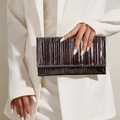 Elegant purple pleated evening clutch bag with metallic finish for women's gala - Bronze