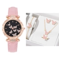Rosa Schmetterlings-Uhrenset mit Goldschmuck, Armband und Halskette in einer Geschenkbox - Rosa 5-teiliges Set