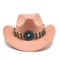 Détail d'un chapeau de cowboy en daim corail avec bande de perles turquoise de style - M (56-59cm) / Vieux Rose (Simili Daim)