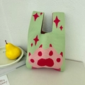 Light green knitted handbag with pink cat paw patterns and double top handles - Cat Paw Green