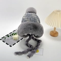 Winter plush grey knitted earflap hat with decorative pom-poms and pearl accents - Pearl Braid Ear Flap Hat / Gray
