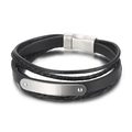 Men's multi-layer black leather bracelet with silver magnetic clasp and engravable plate - Steel Color (KB161092-BSJ)