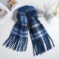 Thick autumn winter rainbow plaid scarf in blue with tassels and mohair texture - Over 175cm / Royal Blue Plaid