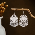 Silver bohemian leaf tassel earrings with mandala engraving on textured wood background - Silver Mandala Carved Water Drop Tassel Style (E2873-15)