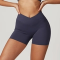 Women's charcoal grey high-waisted gym shorts with a crossover V-shape waistband detail - S / Blue Gray